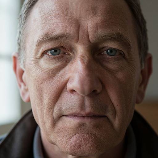 Close-up photograph of a middle-aged man with light skin, blue eyes, and short brown hair, wearing a dark shirt, looking directly at the camera