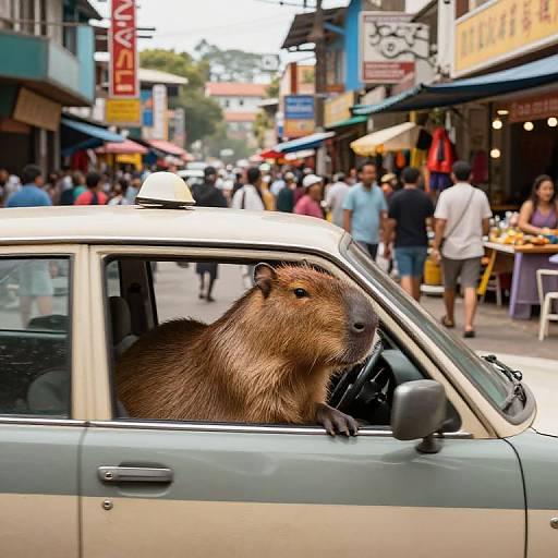 Photograph of a beaver sitting inside a white car in a busy, colorful street market with people and shops in the background.