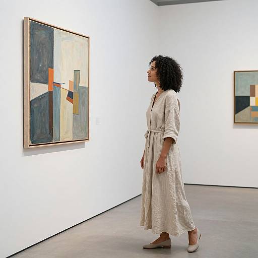 Photograph of a woman with curly hair in a white robe, standing in a modern art gallery, observing abstract paintings on white walls.