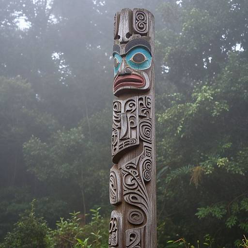 Photograph of a detailed, colorful totem pole with blue eyes, red lips, and intricate black carvings, set in a misty forest