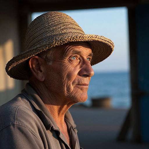 Photograph of an elderly man with wrinkled skin, wearing a straw hat and gray shirt, gazing into the sunset by the sea.