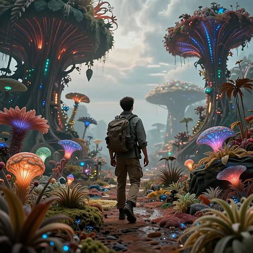 Digital fantasy artwork of a backpacker standing on a glowing, bioluminescent forest path, surrounded by colorful, alien fungi under a cloudy sky.