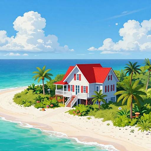 Colorful digital illustration of a white, two-story beach house with a red roof, surrounded by palm trees, on a sunny tropical beach with turquoise ocean