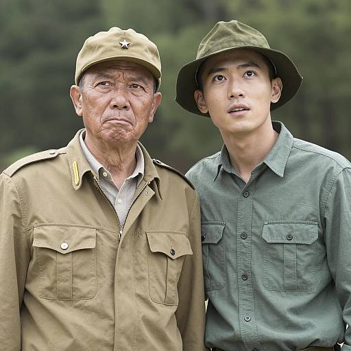 Two Men in Military-Style Clothing Outdoors