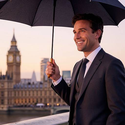 Photograph of a smiling man in a dark suit holding a black umbrella, with the blurry Big Ben in the background.