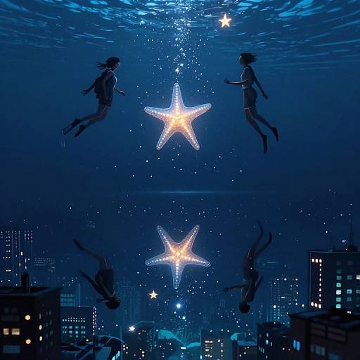 Digital art: Two silhouetted girls underwater, floating towards glowing starfish, mirrored reflections, cityscape below with lit buildings and twinkling stars