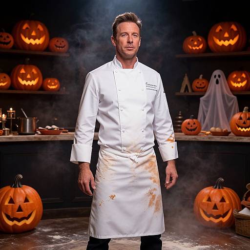 Photograph of a male chef in a soiled white apron, standing in a Halloween-themed kitchen with carved pumpkins and a ghost.