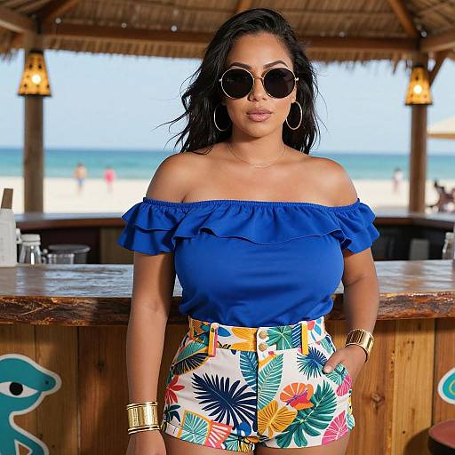 Photograph of a tan-skinned woman with long black hair, wearing round sunglasses, blue off-shoulder top, and colorful floral skirt, standing