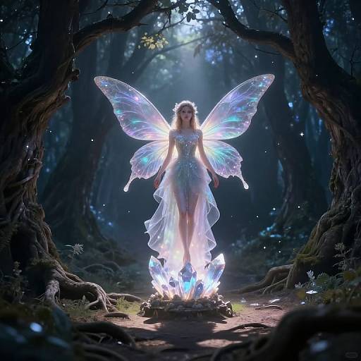 Digital fantasy artwork of a glowing fairy with ethereal wings, standing on a radiant flame in a dark, enchanted forest.