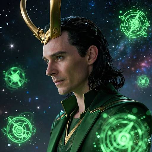 Photograph-style digital artwork of a dark-haired man in a gold horned helmet, green cloak, against a starry cosmos background with glowing green magical