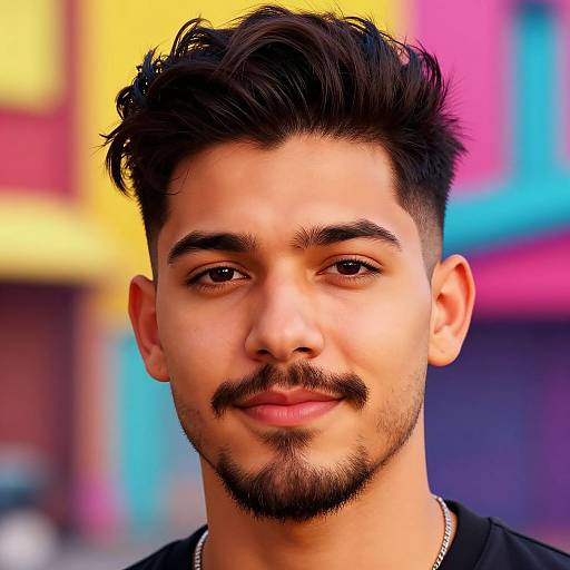 Photorealistic portrait of a young man with medium brown skin, dark wavy hair, trimmed beard, and mustache, wearing a black shirt,