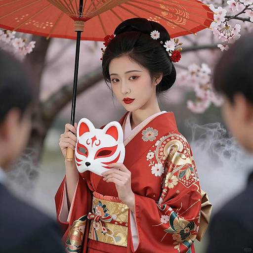 Asian Woman in Red Kimono Holding Fox Mask