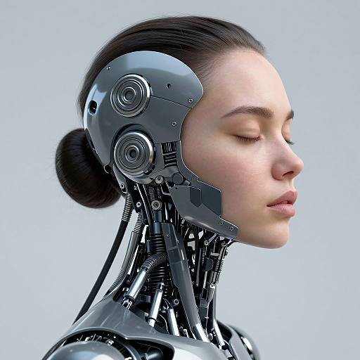 Digital artwork of a futuristic woman with cybernetic head, closed eyes, and dark hair in a bun, showcasing metallic robotic components.