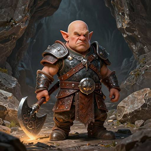 CGI image of a muscular, bald, red-skinned orc warrior with pointed ears, wearing medieval armor, holding a glowing axe, standing in a
