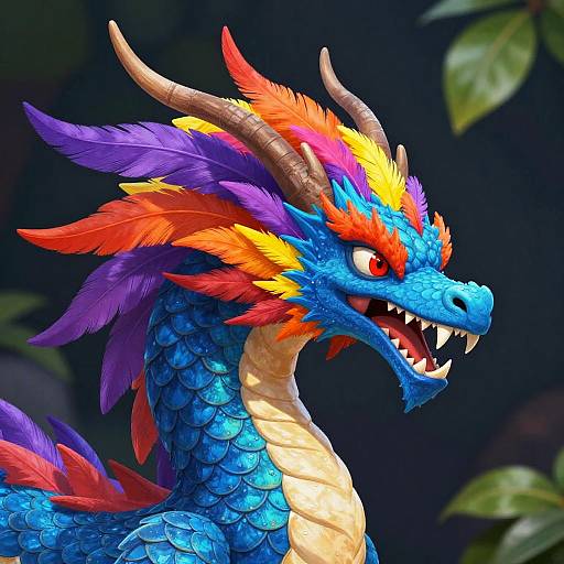 Vibrant digital drawing of a blue dragon with orange, red, and purple feathers, sharp horns, and fierce expression, set against a dark,