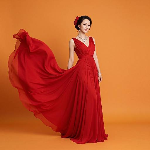 Elegant Woman in Flowing Red Gown