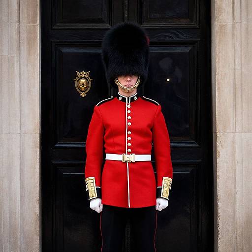 Photograph of a British Guardsman in a red uniform, black bearskin hat, white gloves, standing against a black wooden door.