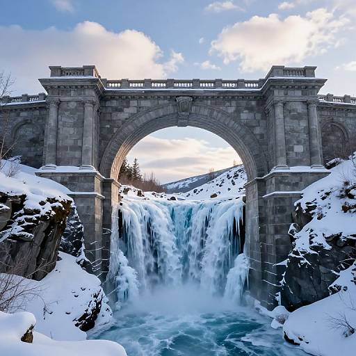 Photograph of a snow-covered stone arch bridge framing a frozen waterfall with icy cascades, set against a bright blue sky with scattered clouds.