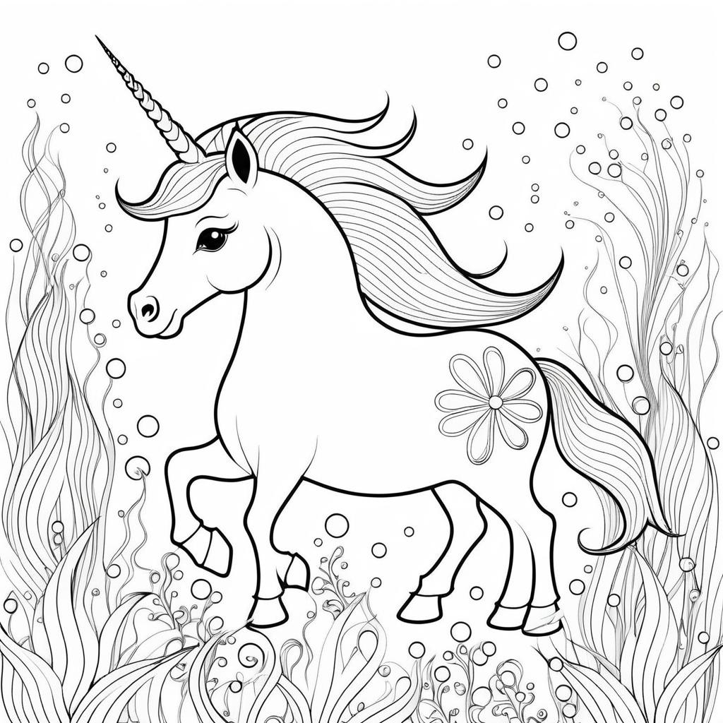 Unicorn and Marine Life Coloring Page