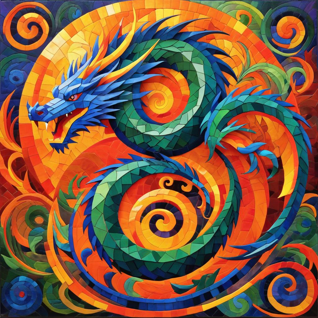 Mythical Dragon Cubism with Fiery Elements