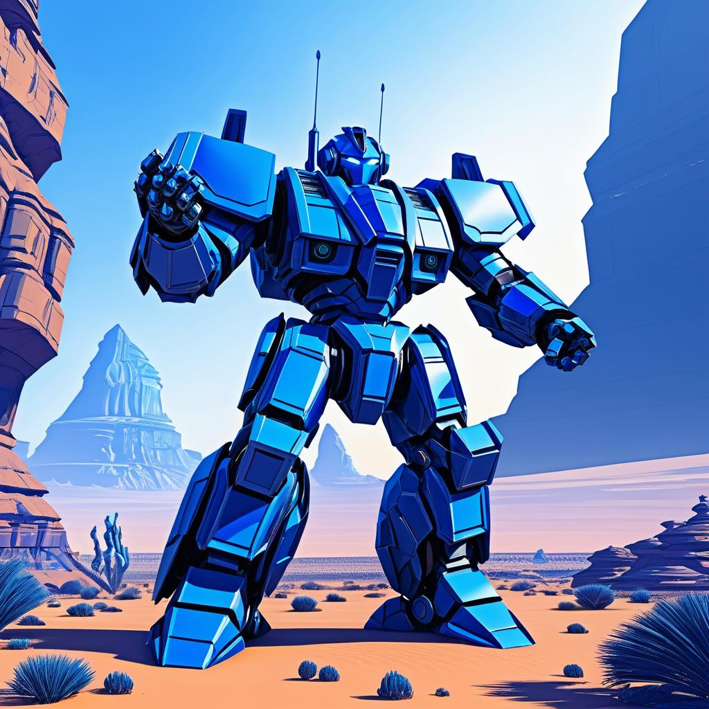 Giant Armored Blue Robot in Alien Landscape