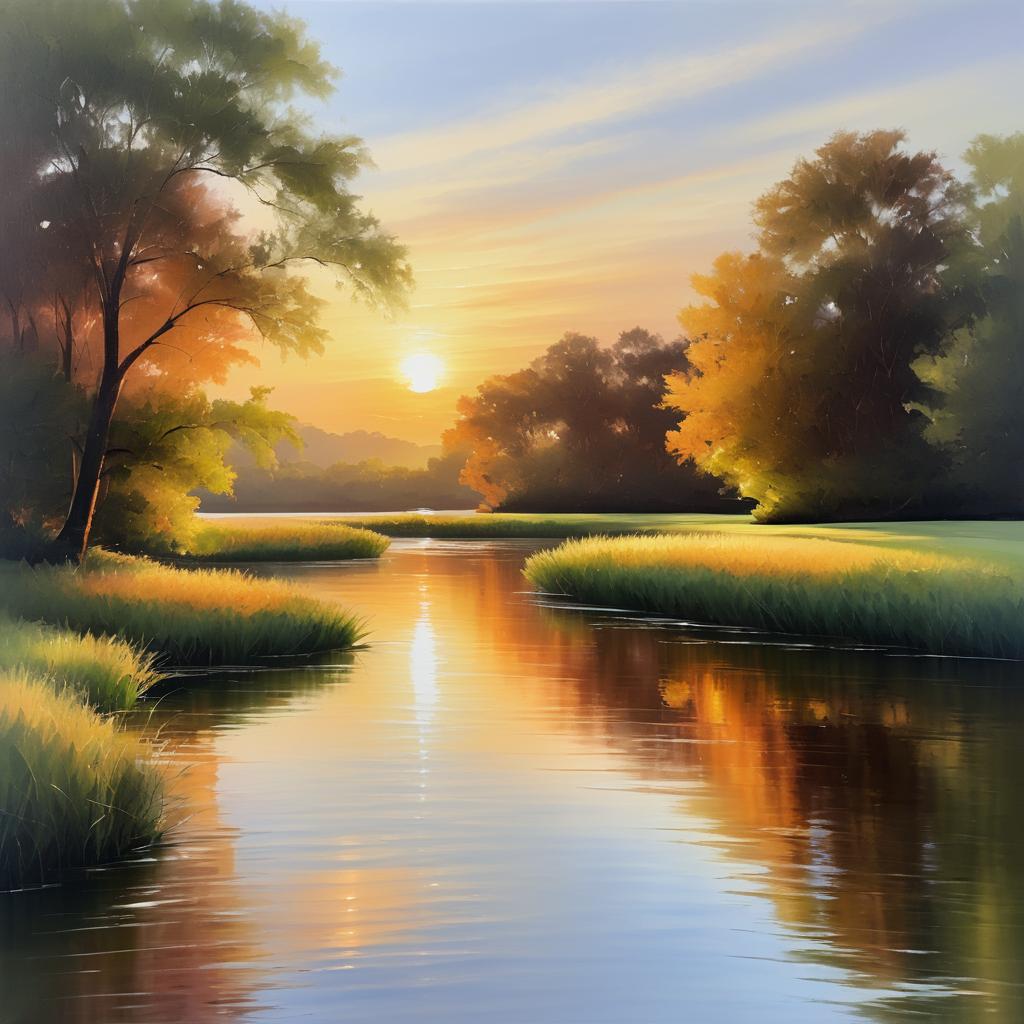 Tranquil Riverbank Sunset Oil Painting