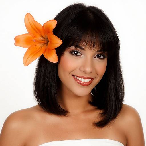 Photograph of a smiling woman with straight black bob haircut, orange flower in hair, bare shoulders, white strapless top, white background.