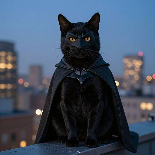 Photograph of a black cat with yellow eyes, wearing a black Batman-style cape, sitting on a rooftop at dusk, with a blurred cityscape and