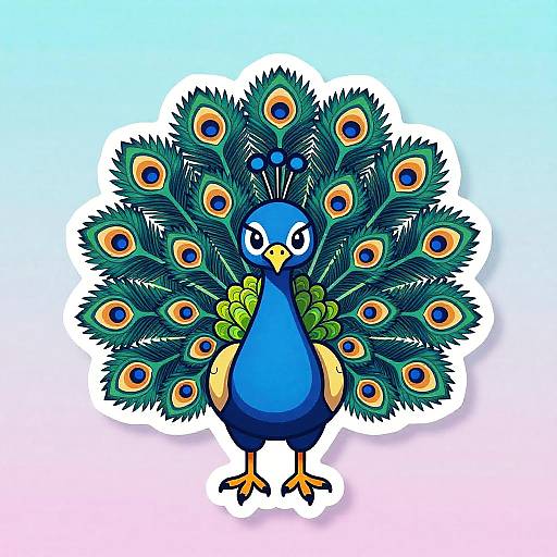 Digital illustration of a vibrant blue peacock with a large, spreading tail displaying green and orange eye patterns, standing on white background with a gradient blue to