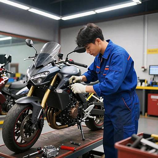 Asian Mechanic Repairing Motorcycle