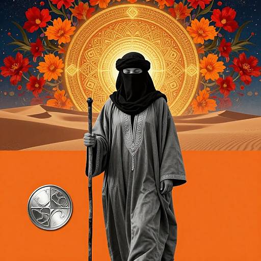 Mysterious figure in black traditional attire, mask, and staff stands in orange desert, with glowing golden mandala and vibrant flowers behind. Silver coin in