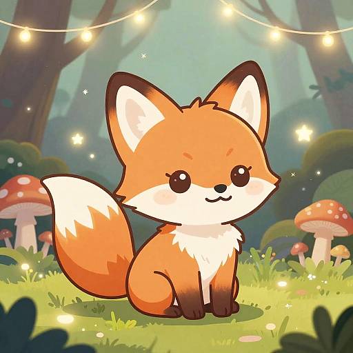 Adorable cartoon fox with large black eyes and orange-white fur sits in a magical forest, surrounded by glowing lights and red mushrooms. Digital art with cute