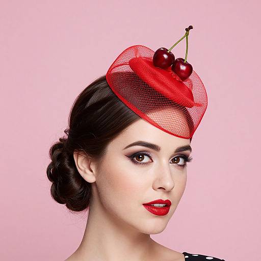 Photograph of a fair-skinned woman with dark hair in an updo, wearing red lipstick, a red mesh hat adorned with two cherries,