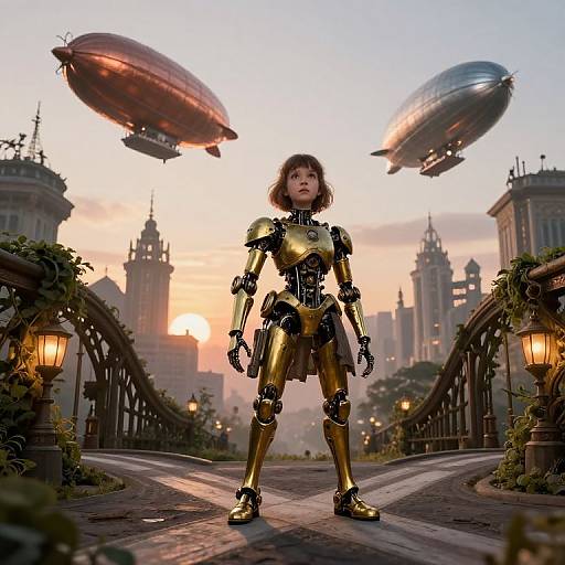 Photorealistic CGI: Young woman in golden, robotic armor stands confidently on a bridge at sunset, with two airships flying above.