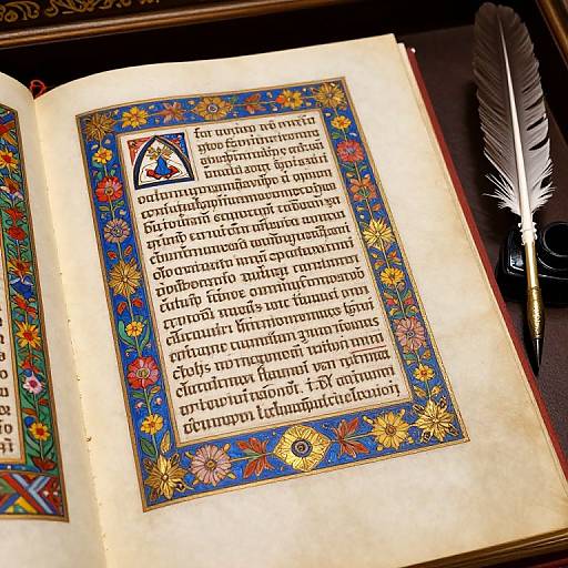 Open book with colorful, floral border on text pages, black ink, white quill pen, and dark background. Photograph.