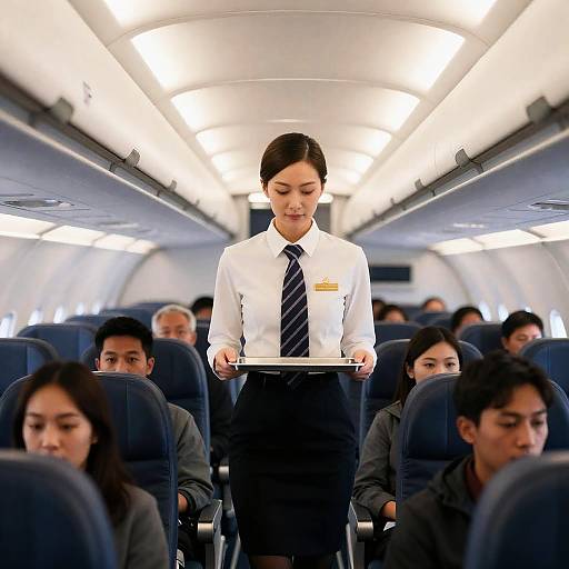 Airplane Cabin with Attendant and Passengers