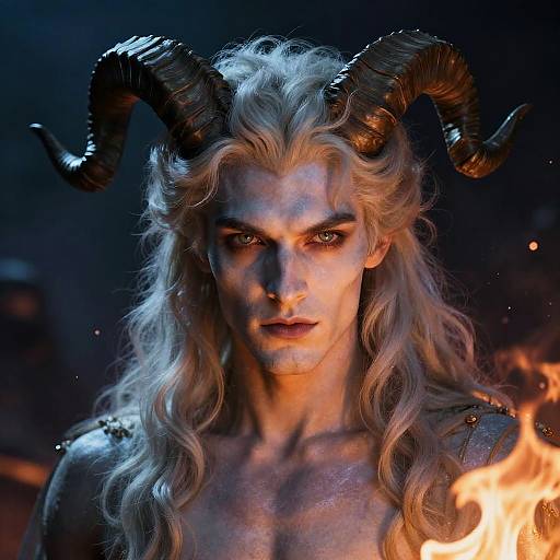 Photograph of a fierce, blue-tinted demon with long white hair, black curved horns, and intense eyes, illuminated by fiery light.