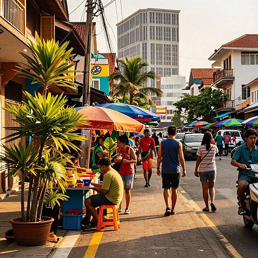 Vibrant street market scene: colorful umbrellas, people walking, potted palm, casual clothing, urban buildings, busy, sunny, lively atmosphere