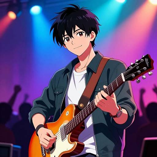Anime-style digital drawing of a black-haired guitarist with a confident smile, playing an orange electric guitar on stage with colorful blue and pink spotlights in the