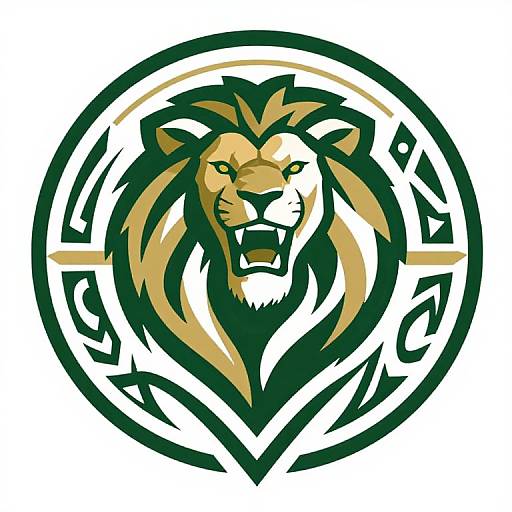 Bold, stylized lion head logo with green, white, and gold colors, roaring inside a circular, abstract design. Digital illustration.