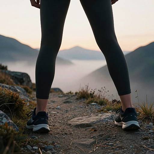Photograph of a person's lower legs in black leggings and black sneakers, standing on a rocky mountain trail at sunrise.