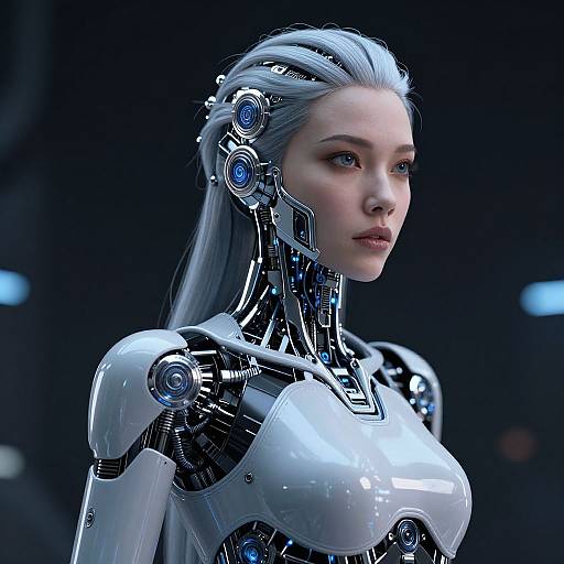 CGI image of a futuristic, silver-haired woman with cybernetic enhancements, featuring glowing blue eyes and intricate metallic armor in a dark, high-tech