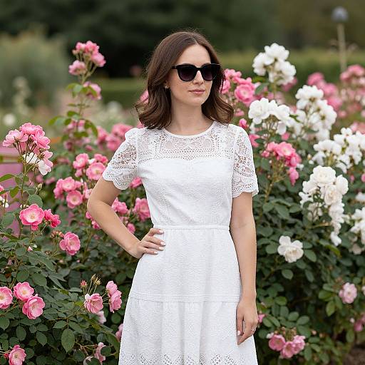 Photograph of a woman with brown hair, wearing black sunglasses and a white lace dress, standing in a garden with pink and white roses.