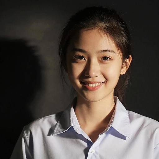 Photograph of smiling Asian woman with medium-length black hair, wearing a white button-up shirt, against a dark background. Light highlights her face.