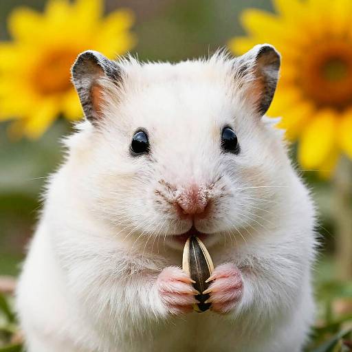 White Teddy Bear Hamster Eating Sunflower Seed