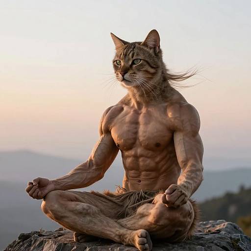 Photorealistic CGI of a muscular, anthropomorphic tabby cat meditating cross-legged on a rock at sunset, with a serene mountain landscape in the