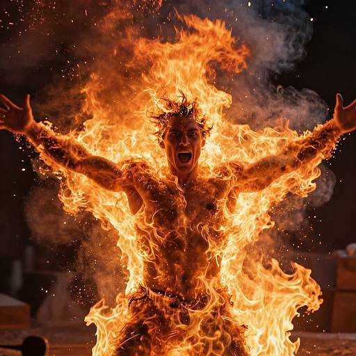 Photograph of a shirtless, fiery human silhouette with outstretched arms, surrounded by intense orange flames, against a dark background.