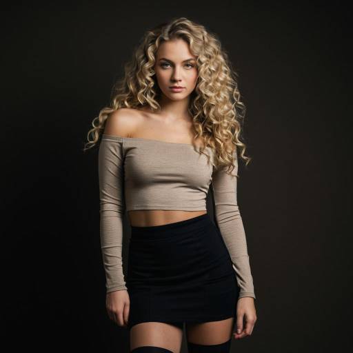 Young Woman with Curly Blonde Hair in Taupe Top