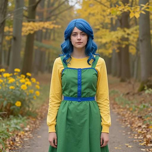 Young Woman in Coraline-Inspired Costume in Autumn Forest