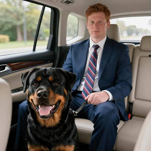 Man with Rottweiler in a Car